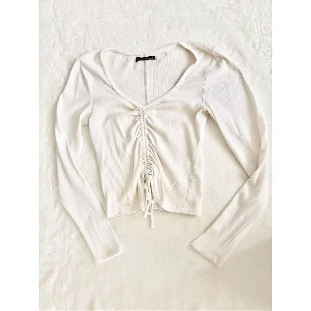 Abercrombie & Fitch White Ribbed Ruched Long Sleeve Crop Top L